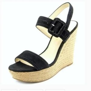 Marc Fisher Hipiee 2 Black Suede Leather Espadrille Wedge Sandals - 8